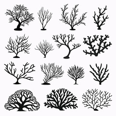 Collection of Fifteen Black Silhouette Trees and Coral Shapes white