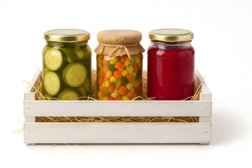 Jars of Pickled Vegetables and Fruit Preserve in a White Wooden Crate