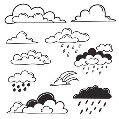 Collection of hand drawn cartoon clouds with rain and rainbow elements weather storm