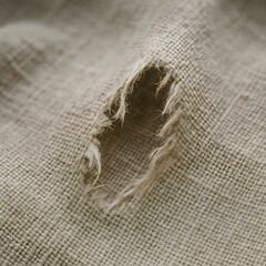 Close up of Aged Woven Material with a Hole and Frayed Fibers Detail