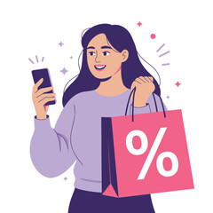 Online shopping sale concept. A smiling woman holding a mobile phone and a purchase bag with a large percentage sign.