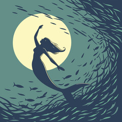 Dark blue mermaid silhouette with flowing hair swims near a pale yellow moon surrounded by a school of fish and stylized seaweed in a teal ocean