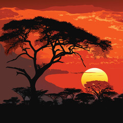 Dramatic African sunset with silhouetted acacia trees and vibrant orange sky savanna