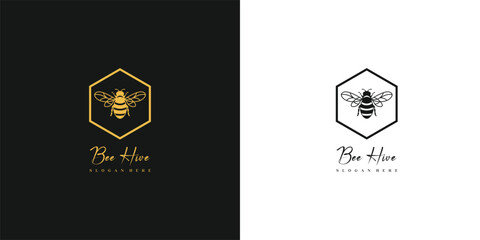 Elegant Bee Logo Design Templates for Branding and Business Identity Presentation in Gold and Black and White Concept