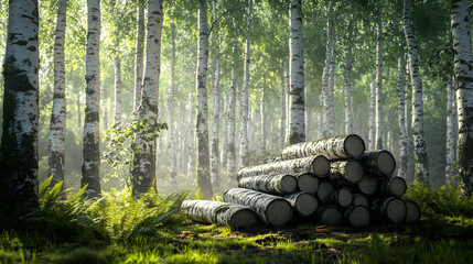 Serene forest landscape with neatly stacked logs amidst lush greenery