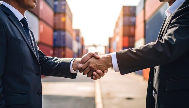 Businessmen shaking hands outside shipping containers