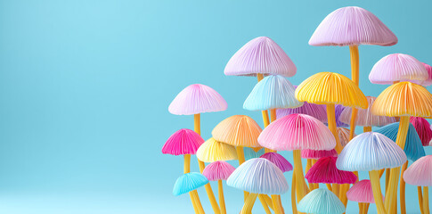 Colorful abstract mushrooms on pastel background.