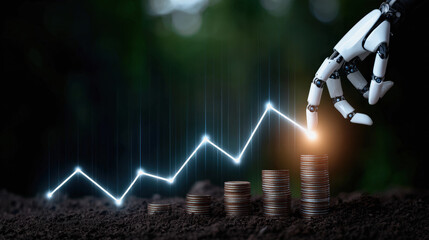 Robot hand touching coin stack, symbolizing economic growth and technological advancement, showcasing financial progress and innovation