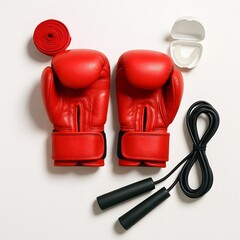Boxing equipment on a plain background, featuring red gloves, hand wraps, mouthguard and skipping rope