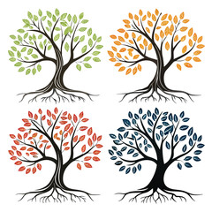 Four stylized trees with green orange red and blue leaves and visible roots illustration