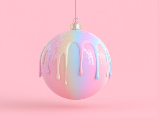 Pink Christmas ornament with colorful pastel dripping paint. 