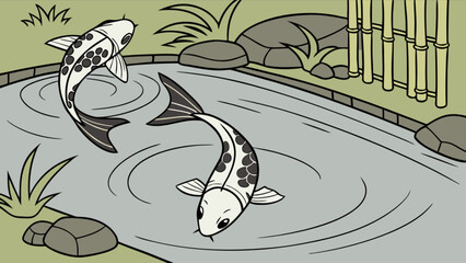 Two koi fish swimming in a pond with bamboo and stones, creating a serene and peaceful scene, perfect for relaxation and meditation, with traditional japanese elements