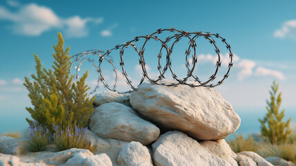 Barbed wire on rocks in daylight representing security