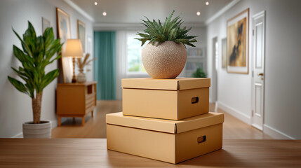 Stacked boxes with plant in modern style with neutral colors for home decor