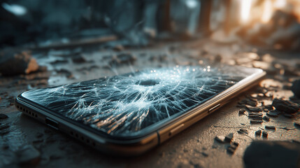 Broken phone screen in realistic style in dark colors, cracked display