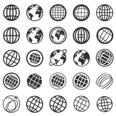 Grid of thirty six unique black and white globe icons on a white background earth world