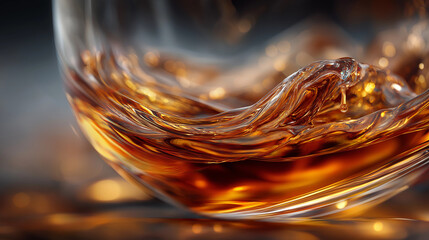 Swirling golden liquid in glass amber tones for drinks