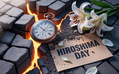 Symbolic clock frozen in time on Hiroshima Day memorial.