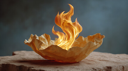 Flaming paper sculpture in realistic style with orange-yellow colors for artistic display