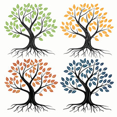 Four stylized trees with green orange and blue leaves and exposed roots illustration green leaves