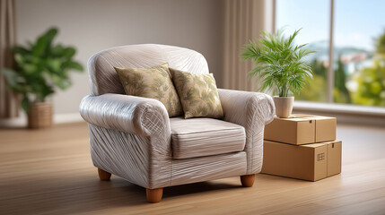 Wrapped armchair with cushions near cardboard boxes in cozy room