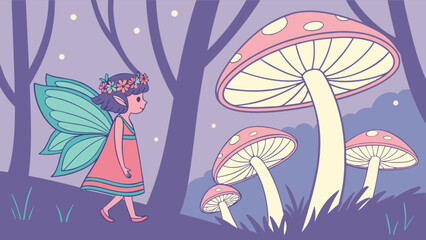 A charming fairy with delicate wings strolls through an enchanted forest, where whimsical mushrooms create a magical atmosphere under the soft glow of the moon