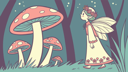 A whimsical fairy with a flower crown gazes in wonder at giant mushrooms in a magical forest, creating a scene of enchantment and childlike imagination