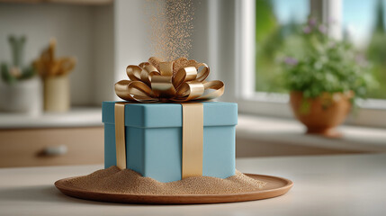 Gift box with gold bow on plate in realistic blue, gold for celebration
