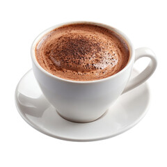 A steaming cup of hot chocolate in a white ceramic mug