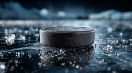  Hockey puck on icy surface in photographic style in black and white for ice hockey