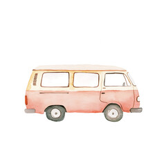 Watercolor-style artwork of a classic camper van. The vintage vehicle is painted in soft pink and cream tones against a plain white backdrop.