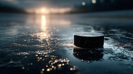 Ice hockey puck on reflective surface against sunset