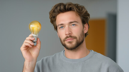 Man Holding Lightbulb Against Neutral Background