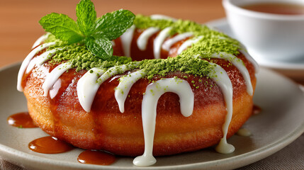 matcha donut with white glaze drizzle, close-up shot on neutral plate, clean minimal background