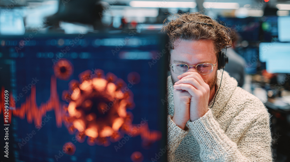Poster focused individual wearing headphones, analyzing data on computer screen displaying virus graphic an