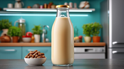 Almond milk in glass bottle with almonds on kitchen counter