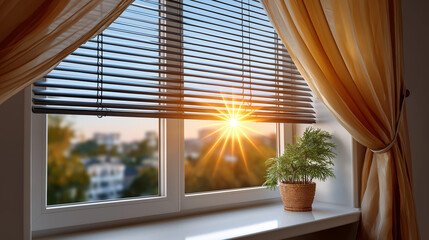 Sunlit window with blinds and curtains in warm colors representing cozy home