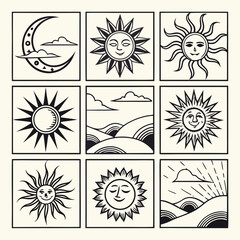 Nine Black and White Illustrations of Suns Moons and Landscapes in Square Frames sun illustration moon illustration