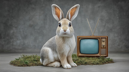 White rabbit sitting near vintage TV on grass