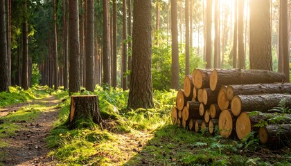 Sunlit forest path with stacked logs