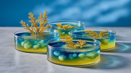 Petri dishes with corals in artistic style in blue and yellow for science