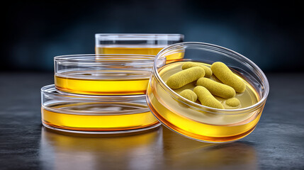 Bacteria in petri dishes in yellow liquid for scientific research