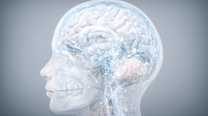 Side Profile of a Woman with Glowing White Brain – Cognitive Science and AI Concept on Light Blue Background
