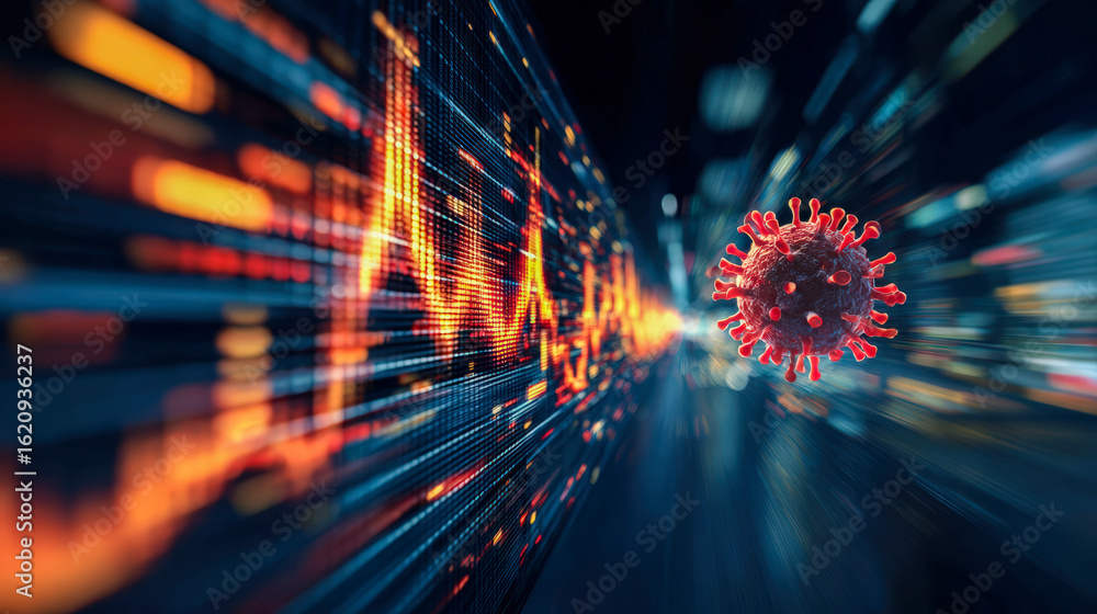 Poster digital representation of virus with fluctuating data graphs in background, symbolizing market disru
