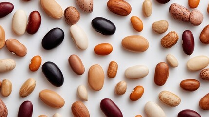 A vibrant assortment of various beans scattered on a white surface, showcasing their diverse shapes and colors