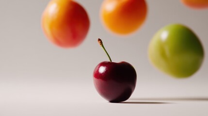 A vibrant cherry stands alone as colorful fruits float above it, creating a playful composition