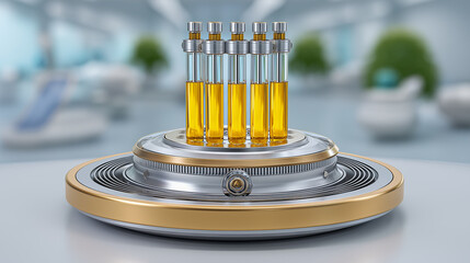 Lab test tubes with yellow liquid in scientific colors for research