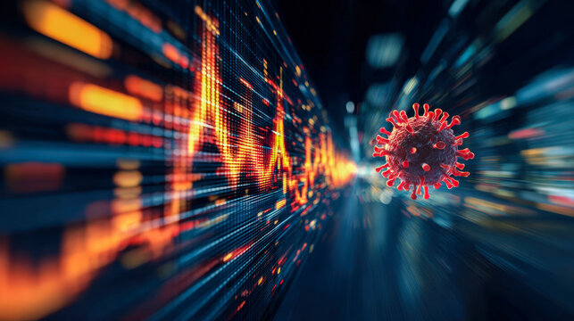 Digital representation of virus with fluctuating data graphs in background, symbolizing market disruption and health impact