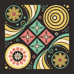 Retro Geometric Floral Pattern with Swirls and Diamonds abstract vintage