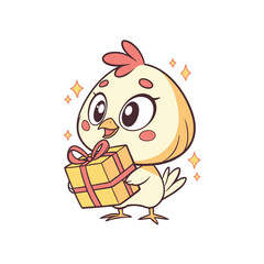 A cute cartoon chicken holds a wrapped gift box, adorned with a pink ribbon and bow, surrounded by sparkling stars.
